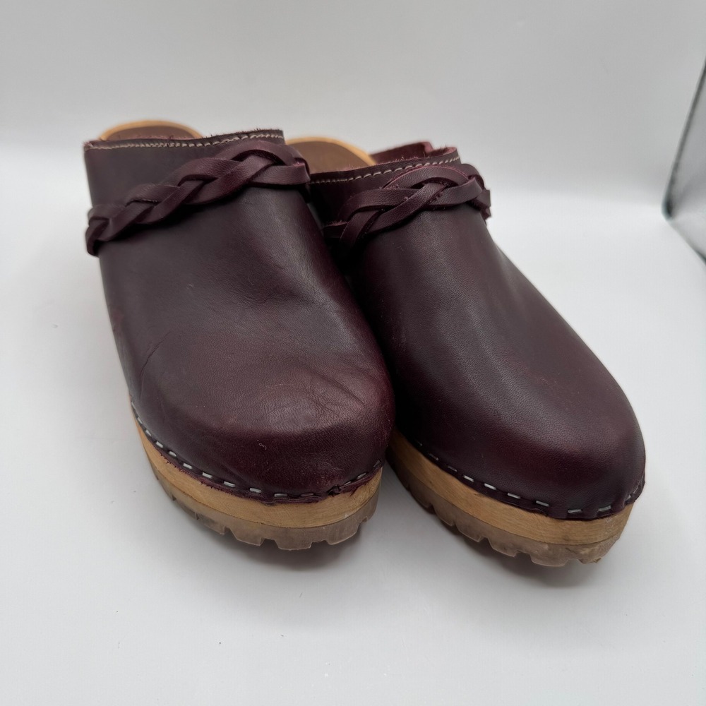 MIA Abba Clogs Women 39 Burgundy Leather Braided Wood Platform Mules